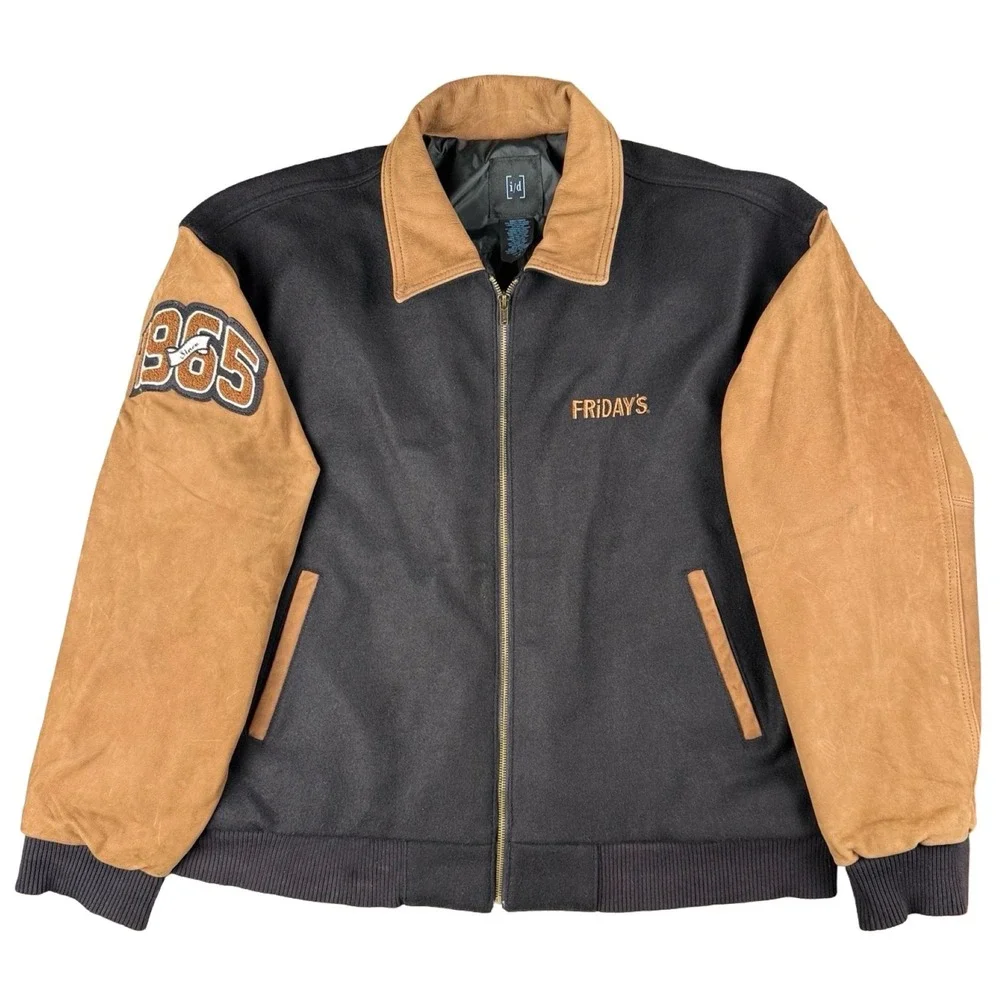 TGI Fridays Leather Wool Varsity Jacket 40th Anniversary Black Tan‎ Large